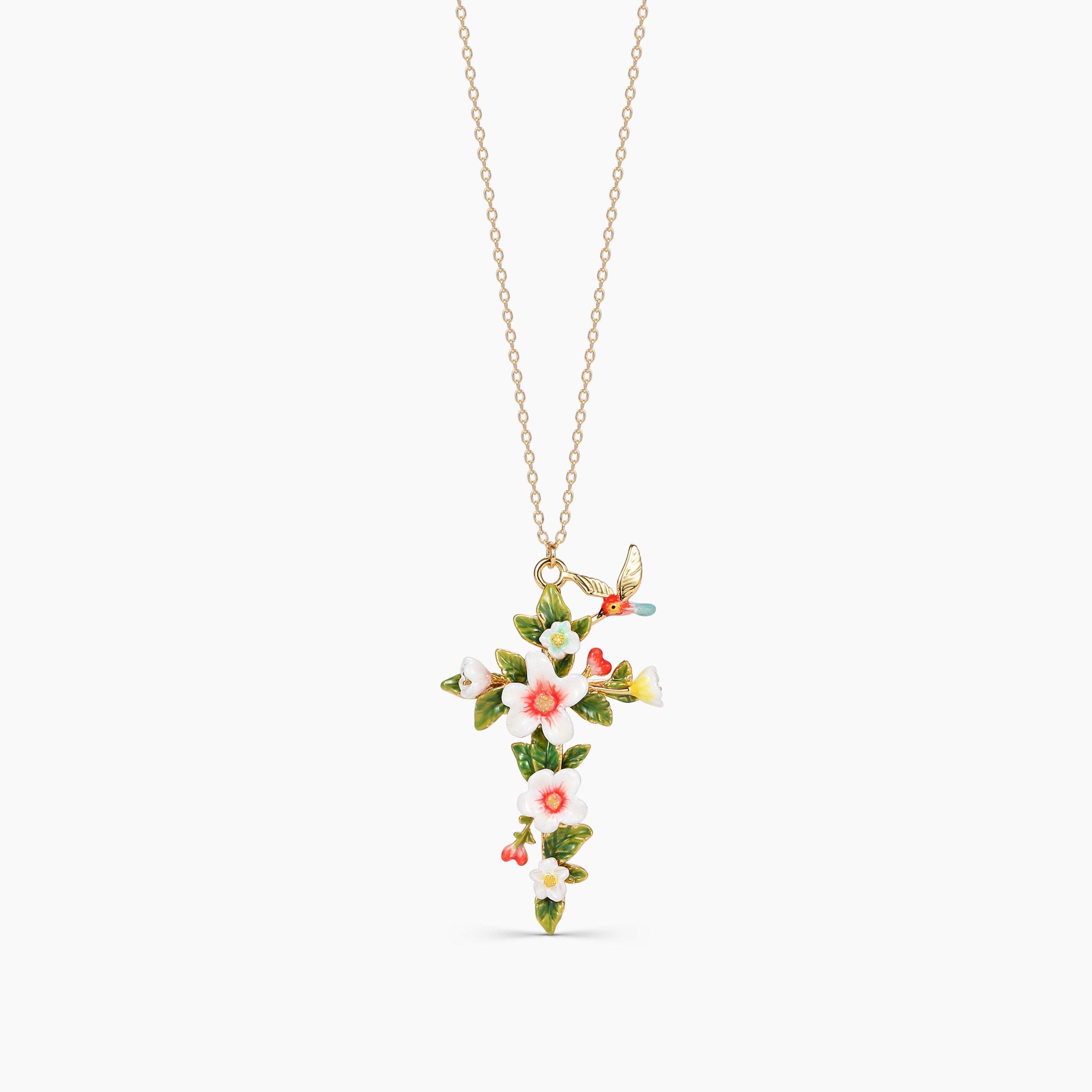 Abellé Bloom enamel cross necklace in gold with floral design and hummingbird – hand-painted faith jewelry