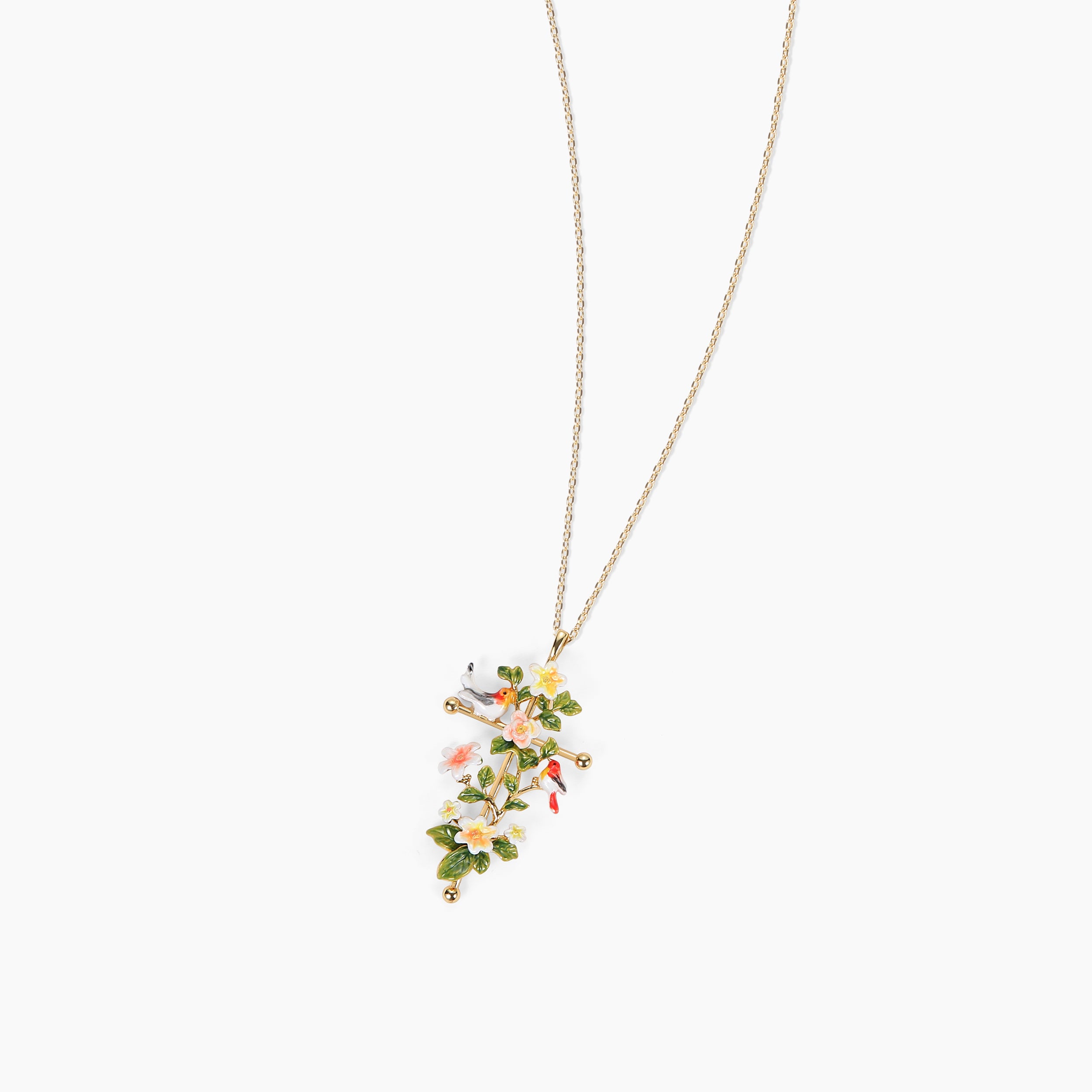 Abellé Dawn enamel cross necklace in gold with floral design and hummingbird – hand-painted faith jewelry