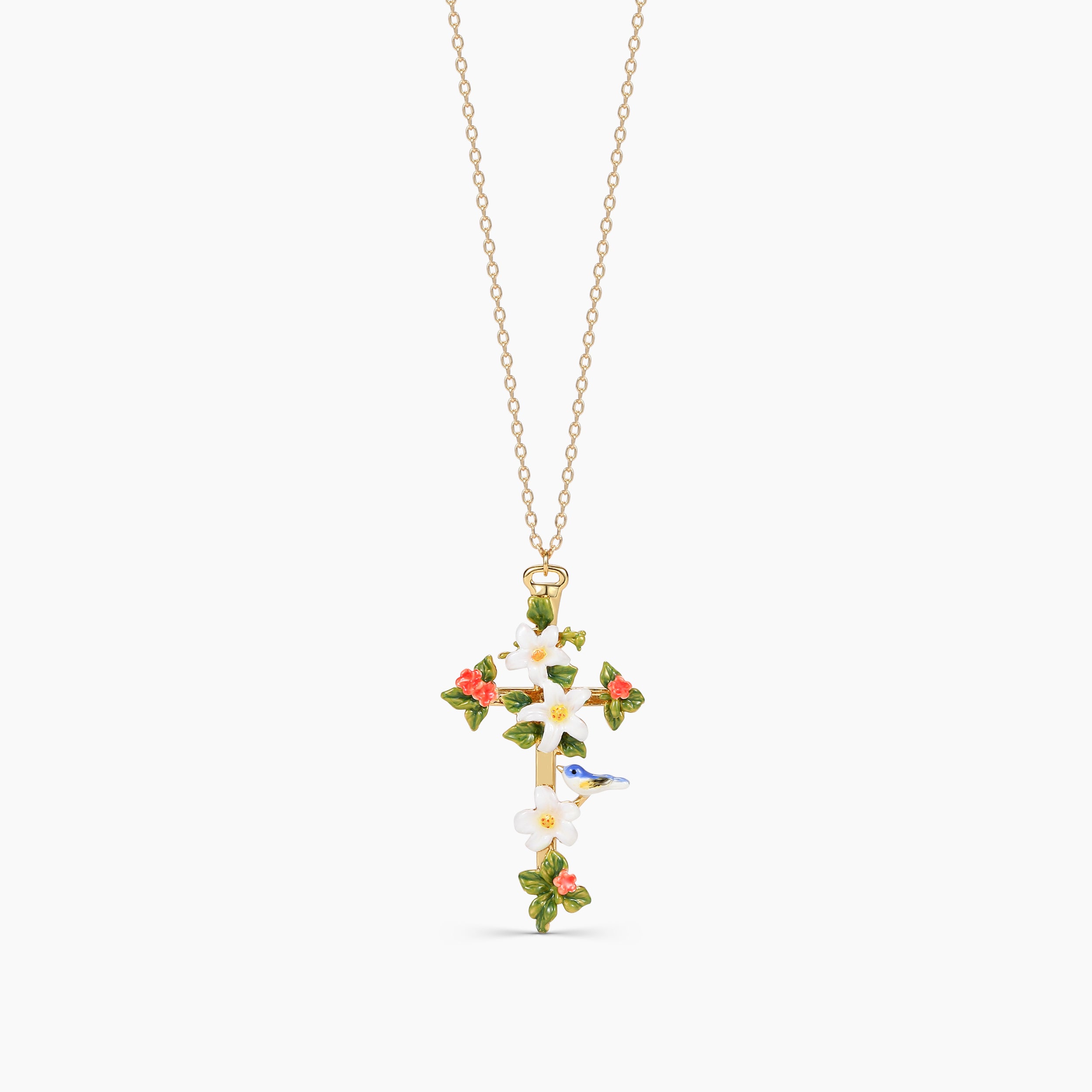 Close-up of Grace cross pendant with enamel details on gold chain – limited edition Abellé jewelry