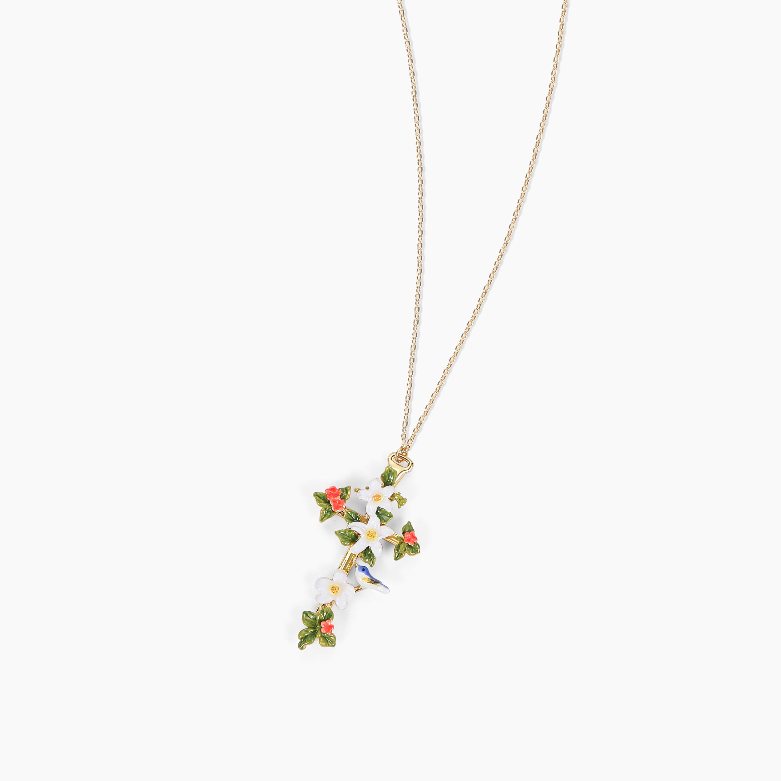 Abellé Grace enamel cross necklace in gold with floral design and hummingbird – hand-painted faith jewelry