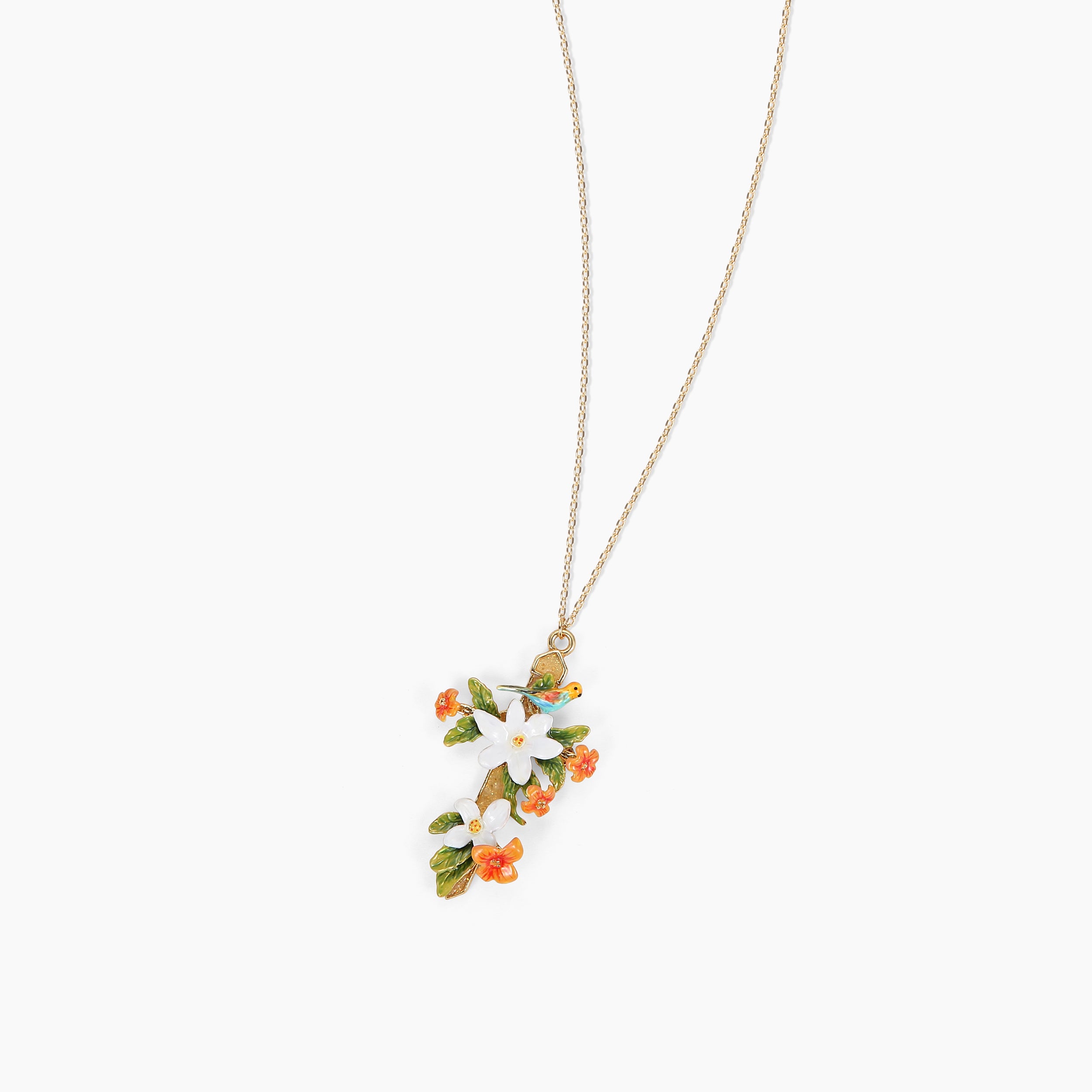 Abellé Haven enamel cross necklace in gold with floral design and hummingbird – hand-painted faith jewelry