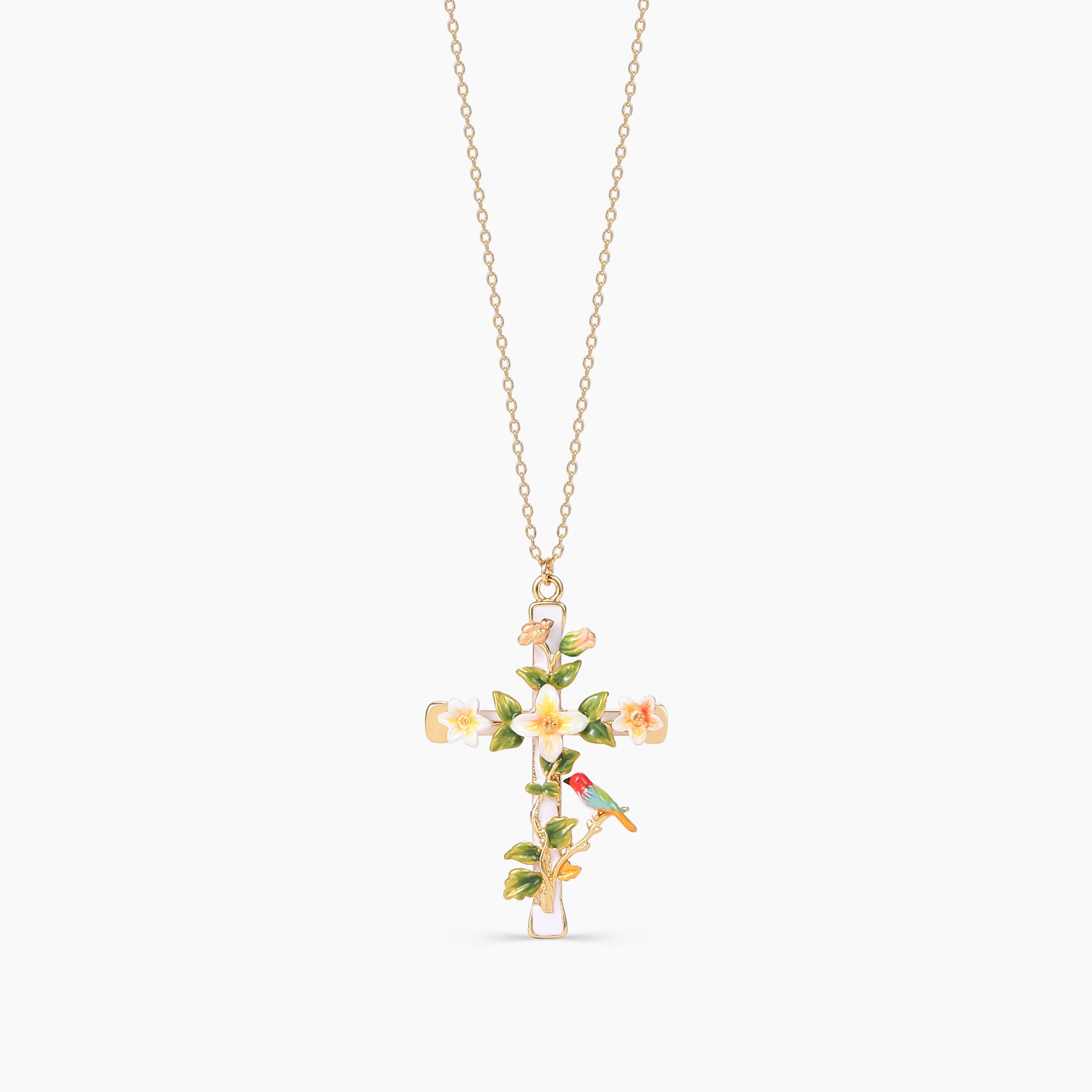 Close-up of Joy cross pendant with enamel details on gold chain – limited edition Abellé jewelry