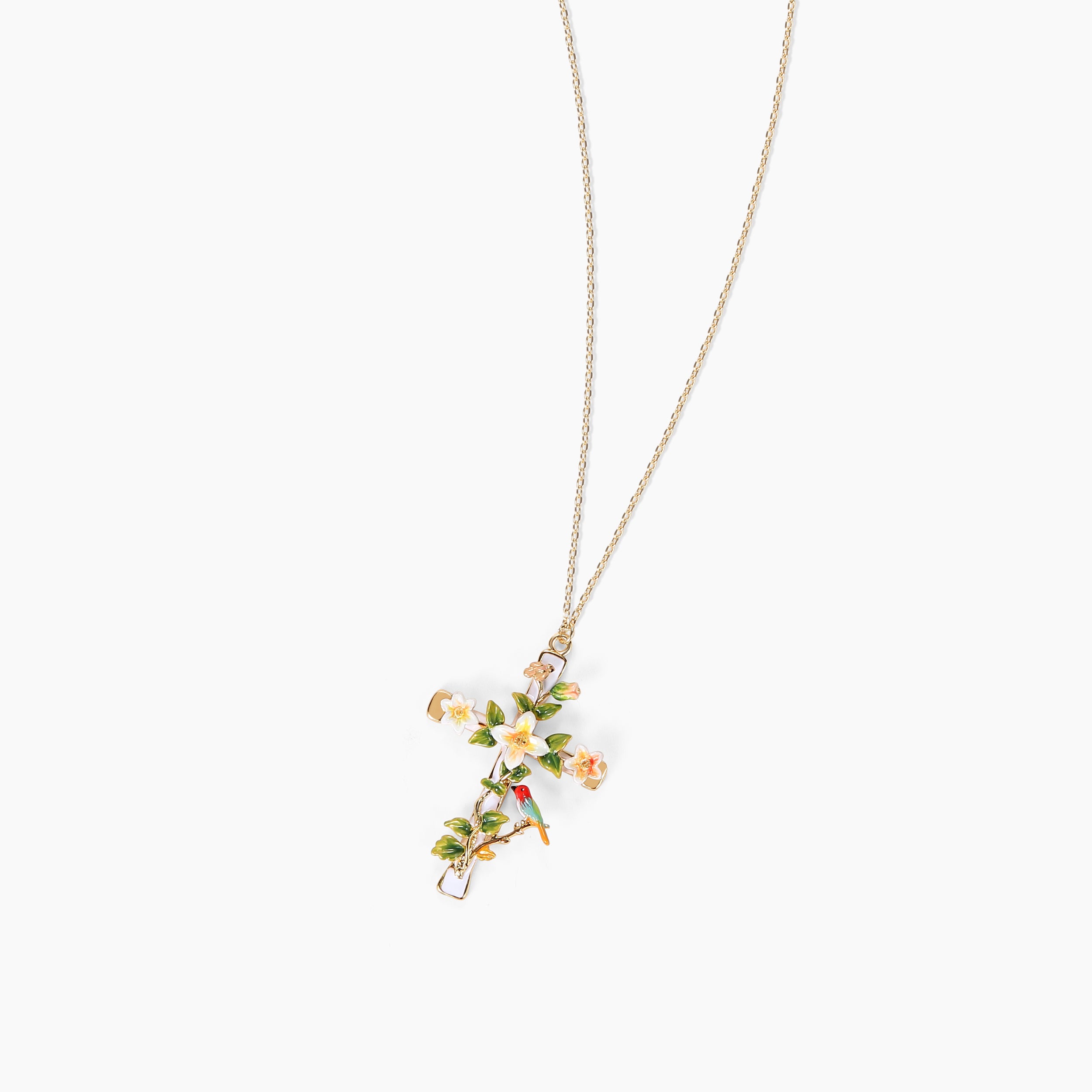 Abellé Joy enamel cross necklace in gold with floral design and hummingbird – hand-painted faith jewelry