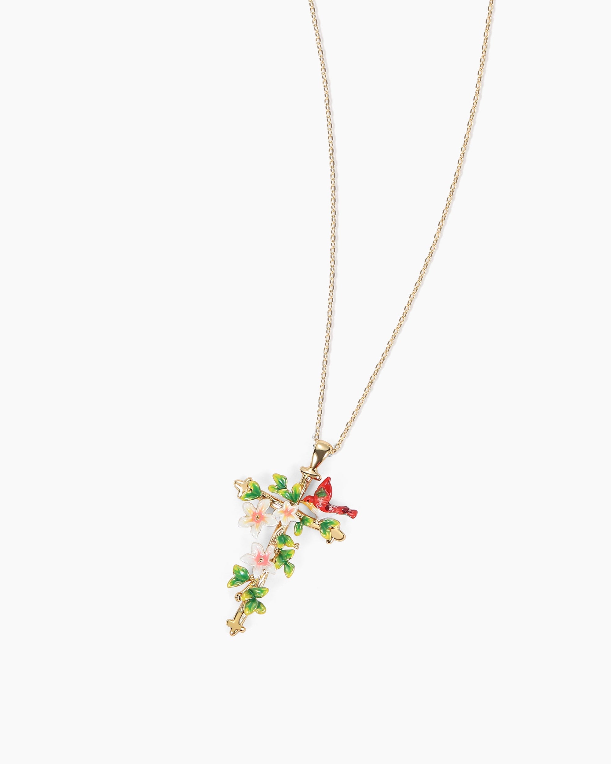 Abellé Promise enamel cross necklace in gold with floral design and hummingbird – hand-painted faith jewelry