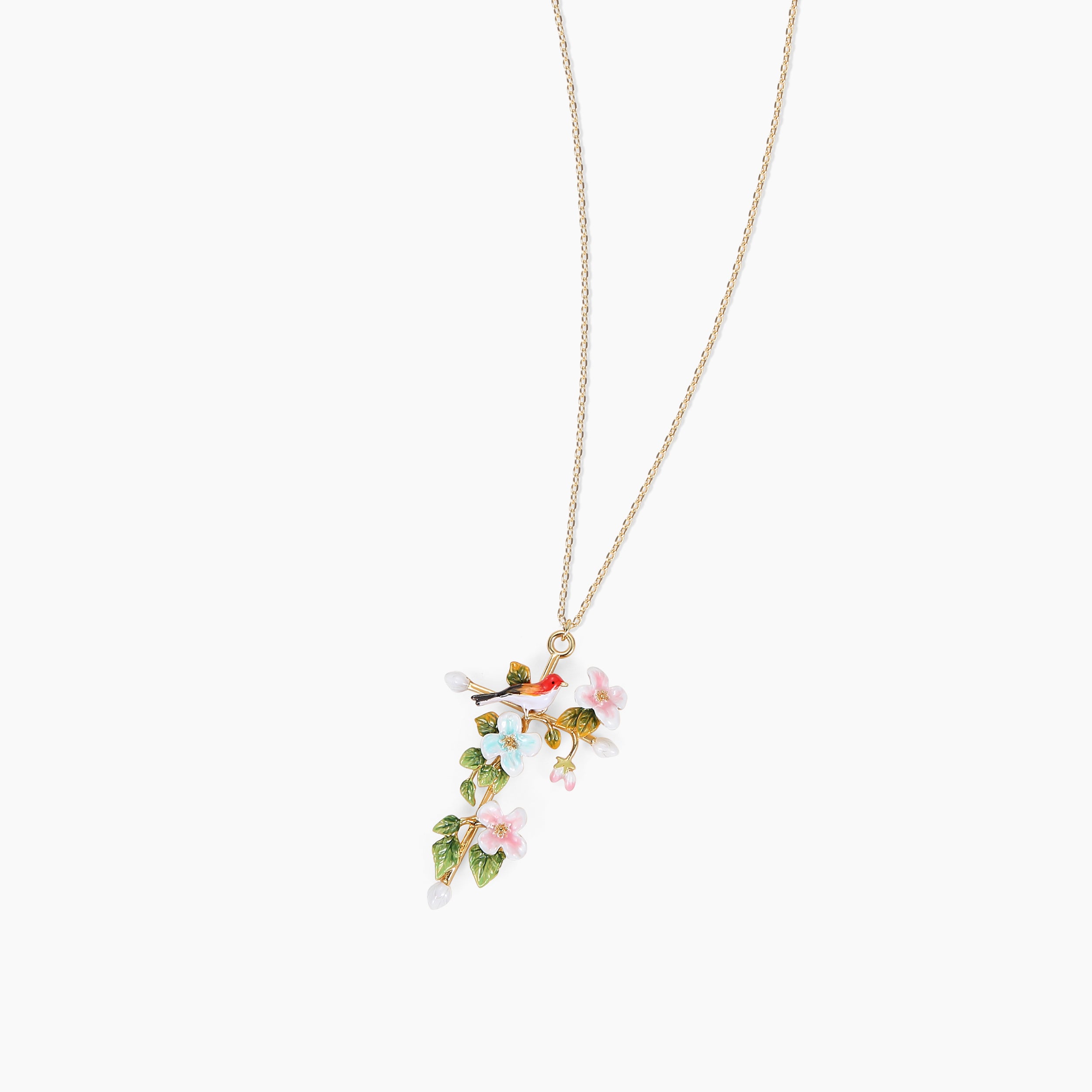 Abellé Serenity enamel cross necklace in gold with floral design and hummingbird – hand-painted faith jewelry