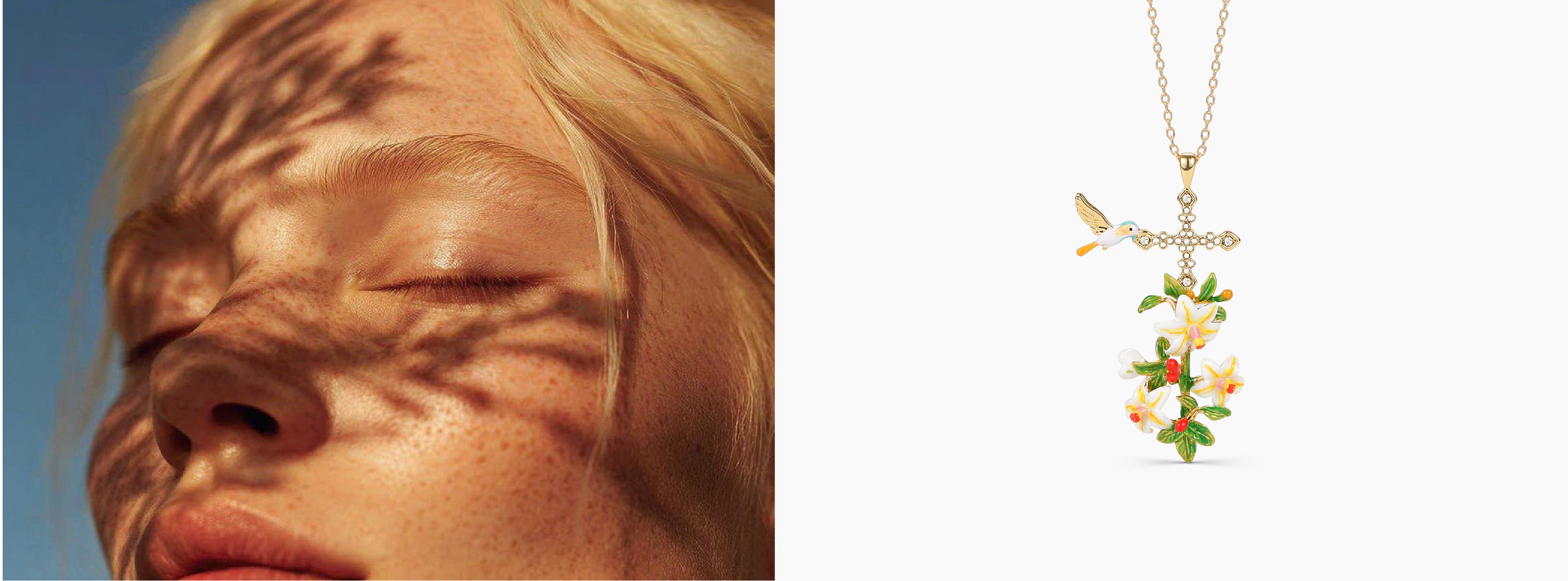 A serene close-up of a woman’s face with soft floral shadows cast across her skin, placed beside the Abellé Rise cross necklace featuring hand-painted enamel blooms and an 18K gold-plated finish.