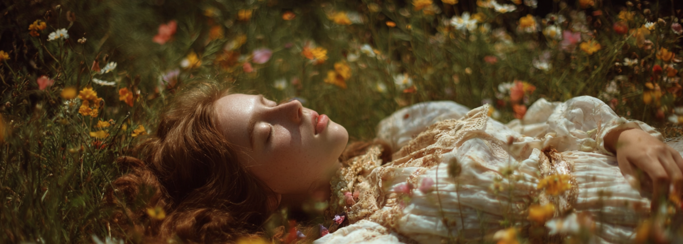 A woman resting peacefully in a meadow of wildflowers, surrounded by warm sunlight and gentle blooms, capturing the serene, nature-inspired beauty reflected in Abellé’s jewelry.