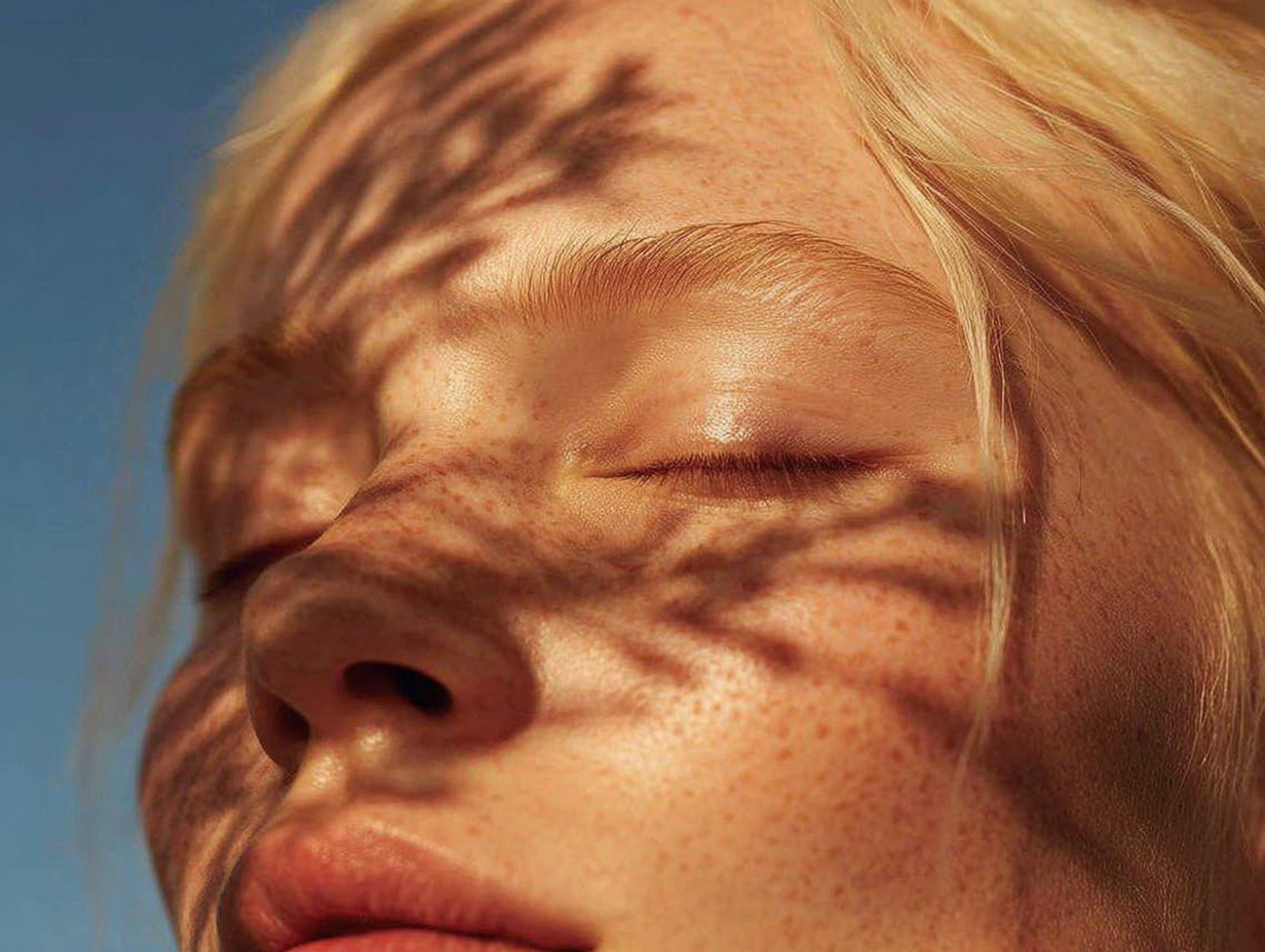 A serene close-up of a woman’s face with soft floral shadows cast across her skin